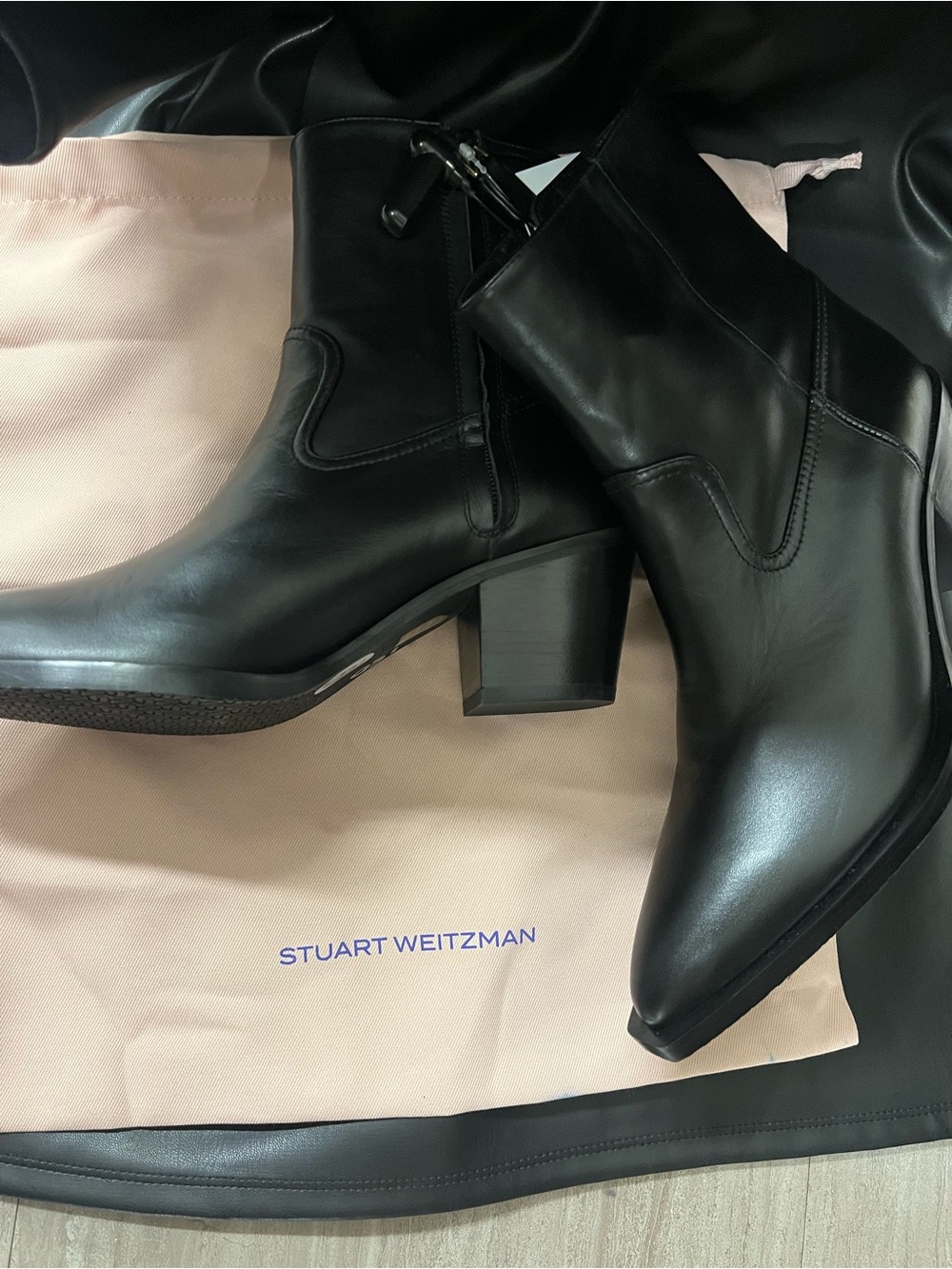 Stuart Weitzman Black Leather Mid-Heel Ankle Boots
